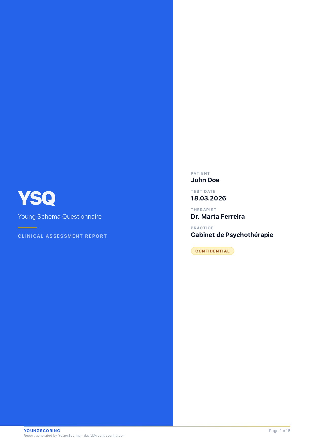 Page 1 of the YSQ report &mdash; Cover &mdash; patient & date