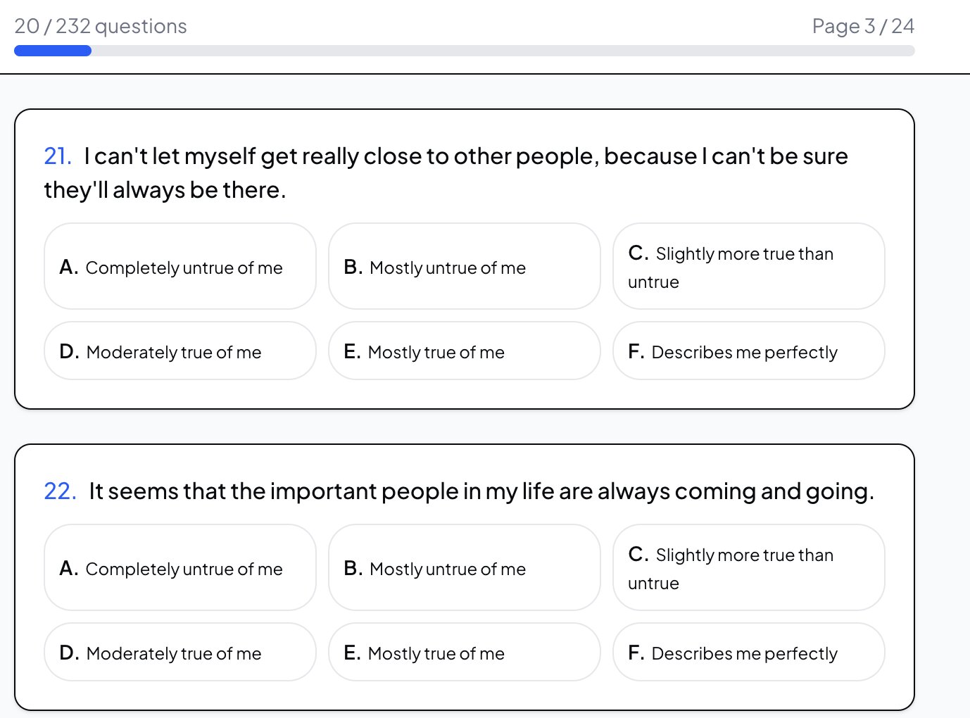 Preview of the YSQ questionnaire